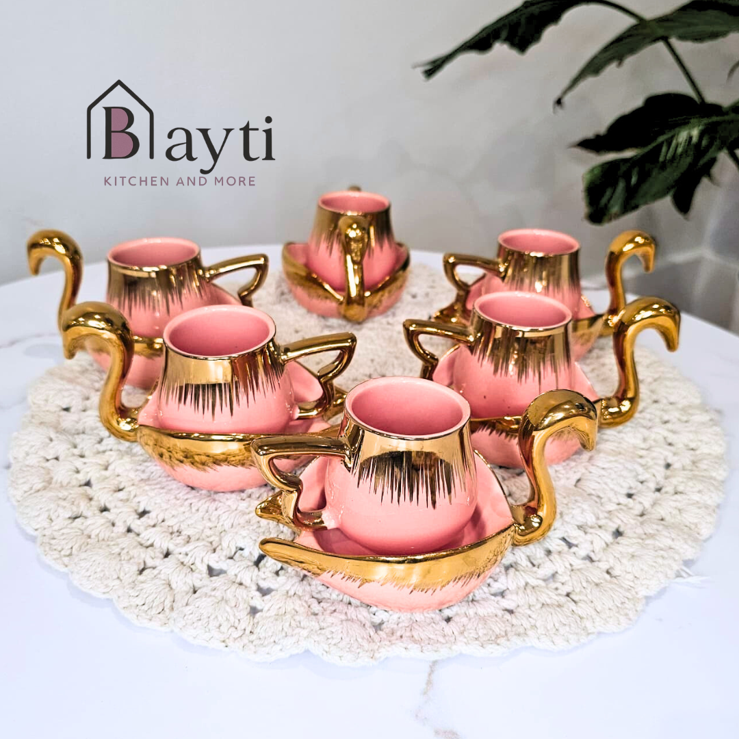 Bayti Luxury Rose Gold Coffee Cups Set of 6 with Elegant Swan Design and Gold Trim for Elegant Dining Perfect for Special Occasions