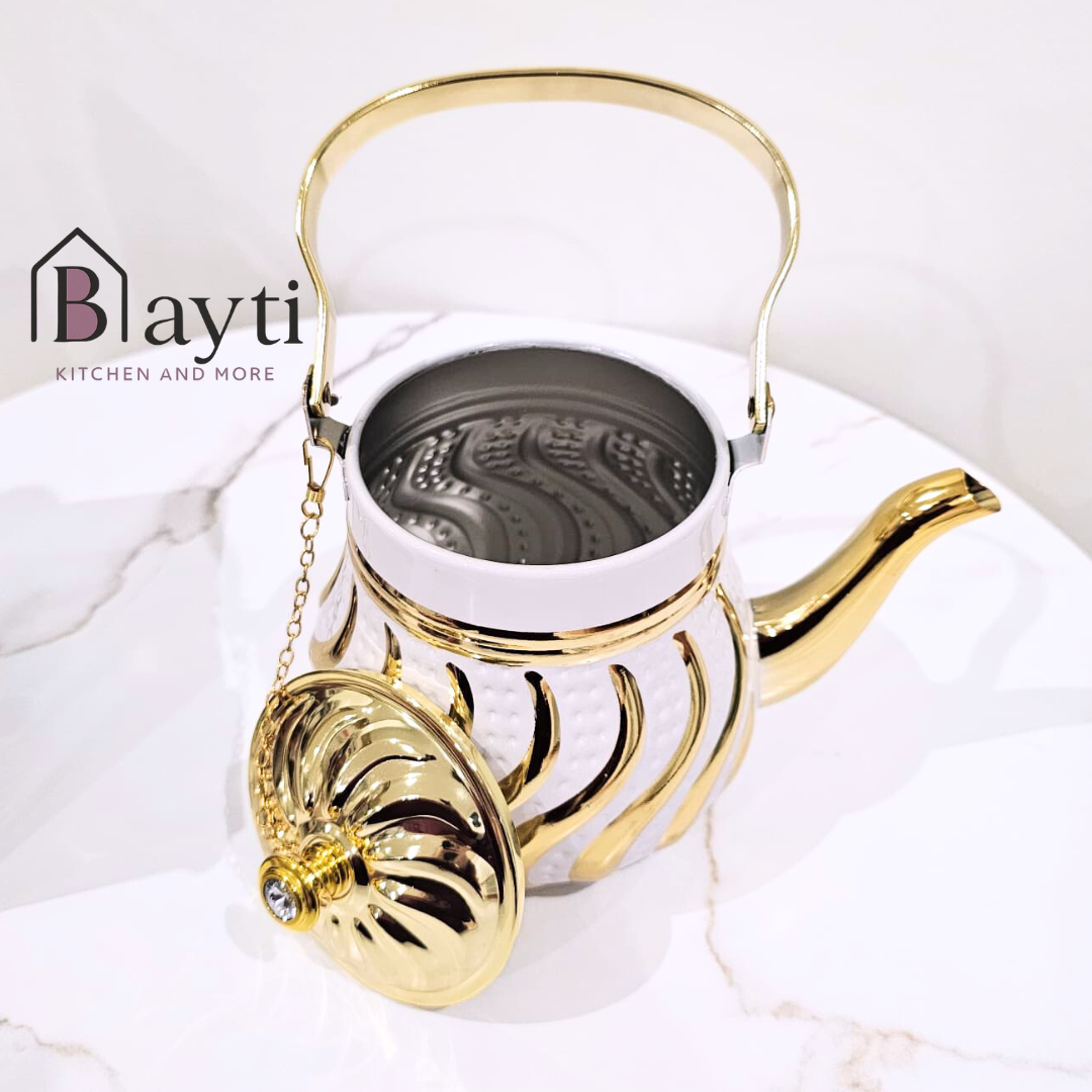 Bayti Premium Quality White and Gold Stainless-Steel Tea Pot 1.8L with Elegant Design and Durable Construction for Elegant Tea Brewing