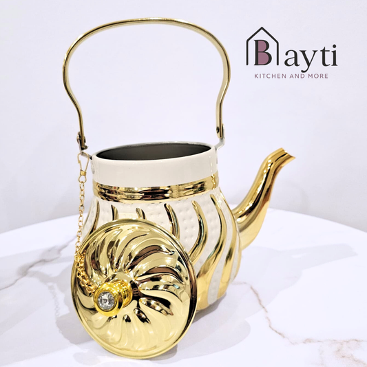 Bayti Premium Quality White and Gold Stainless-Steel Tea Pot 1.8L with Elegant Design and Durable Construction for Elegant Tea Brewing