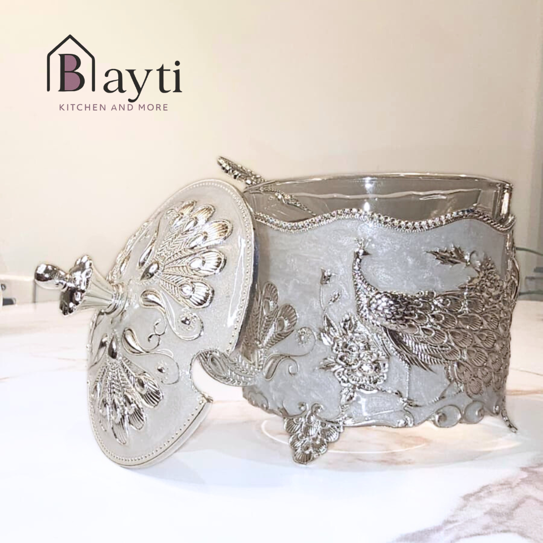 Bayti Luxury Silver Mate Set - 6 Pieces - 1.4L Kettle, 3 Sugar Pots, Heavy Tray with Double Glass Cup - Super High Quality, Elegant Finish