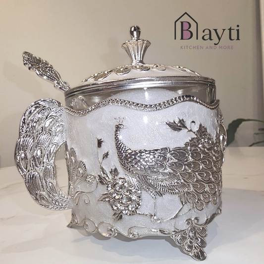 Bayti Luxury Silver Mate Set - 6 Pieces - 1.4L Kettle, 3 Sugar Pots, Heavy Tray with Double Glass Cup - Super High Quality, Elegant Finish