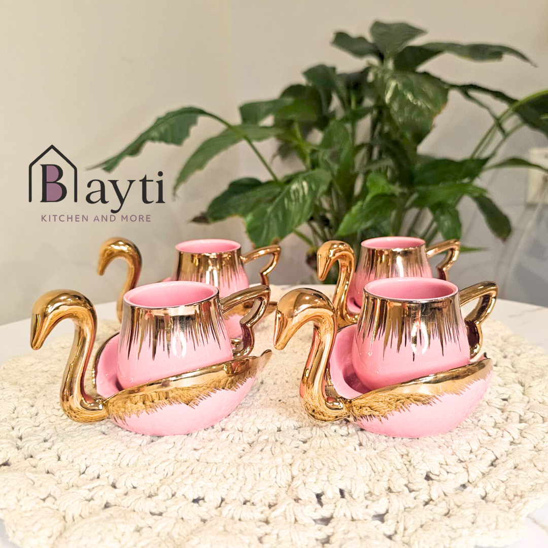 Bayti Luxury Rose Gold Coffee Cups Set of 6 with Elegant Swan Design and Gold Trim for Elegant Dining Perfect for Special Occasions