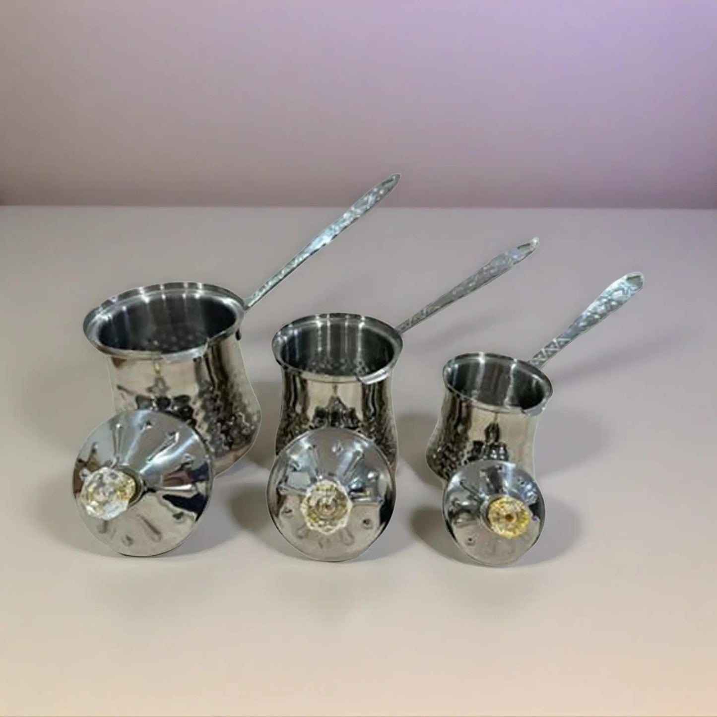Bayti Stainless Steel Turkish Coffee Pot Set of 3 colors options Copper, gold, silver Color Finish with Elegant Design Durable Construction for Coffee Lovers